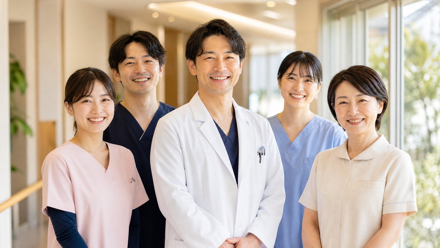 廊下に並んで笑顔を見せる医師と看護師、介護職員