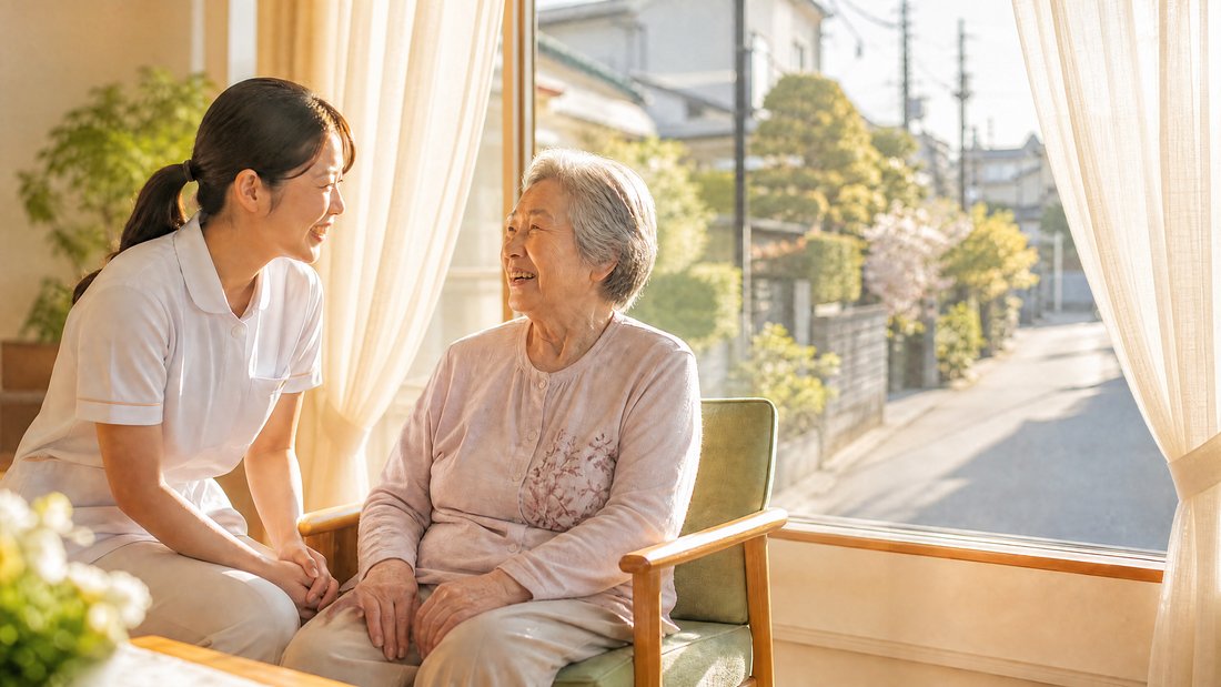 陽の差す窓辺で入居者と語らう職員